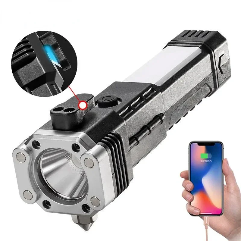 Multi-function Car Home LED Flashlight Car Safety Hammer Flashlight USB Charging Ultra-strong Outdoor Strong Light Detection