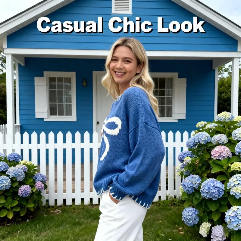 

Свободный пуловер с узором для уютных и шикарных зимних дней, жаккардовый вязаный свитер с бантом для женщин, элегантный