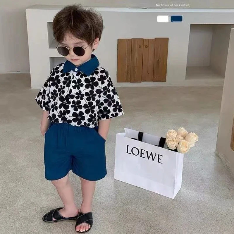 Children Clothing 2026 New Fashionable Flower Suit Baby Short Sleeve Shirt Shorts Handsome Retro Casual Shorts Two Piece Set