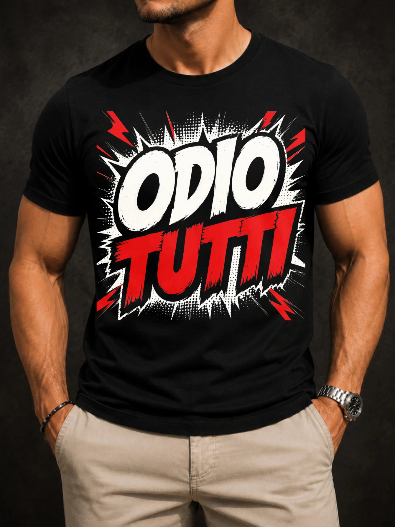 Italian Odio Tutti With Red  Comic Burst Lightning Bolts Halftone Dots And Bold Brush Letters mes  Unisex All T-Shirt