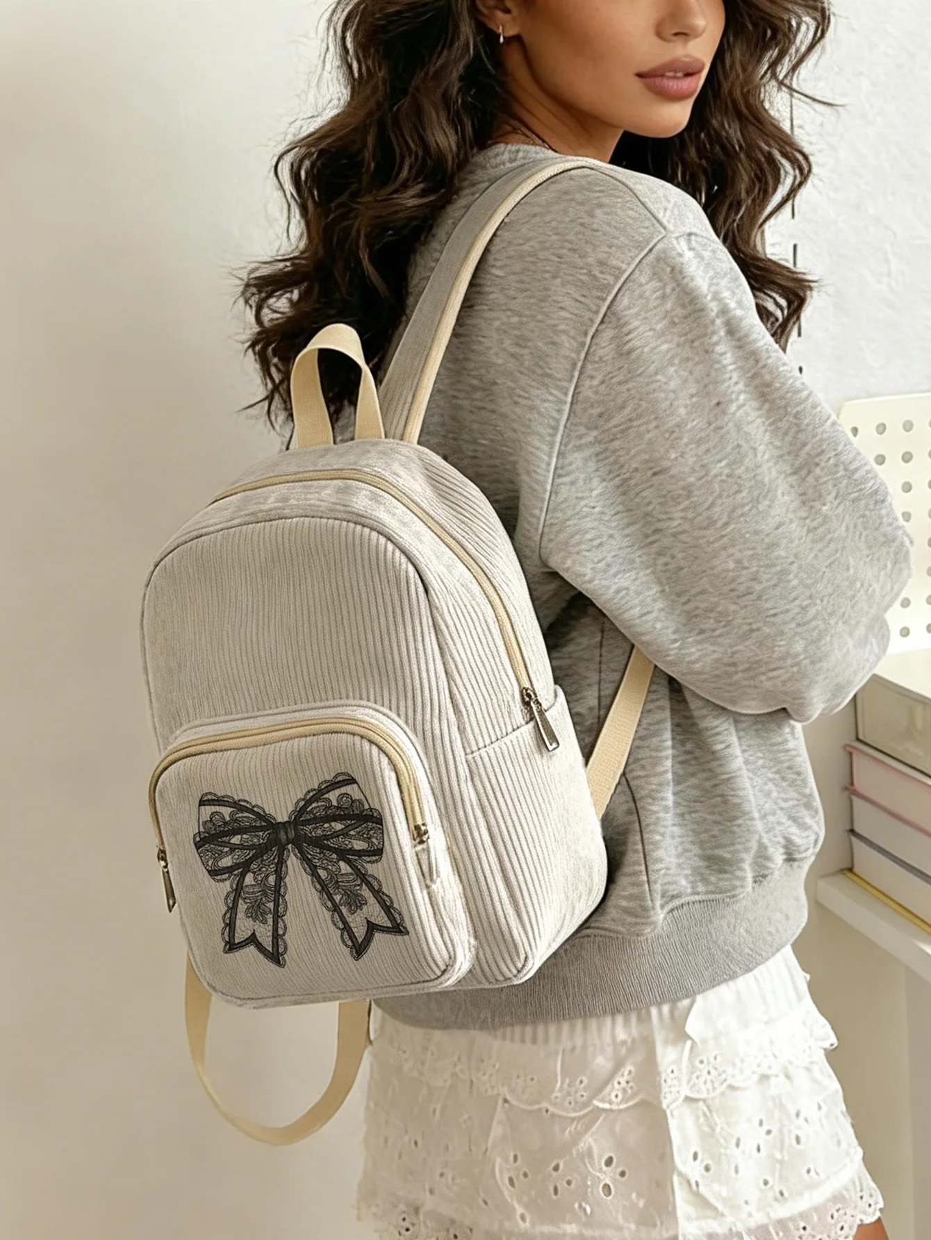 

Винтажный женский модный рюкзак с кружевным бантом и принтом, вельветовая сумка с несколькими карманами, большая вместительная сумка для поездок на работу