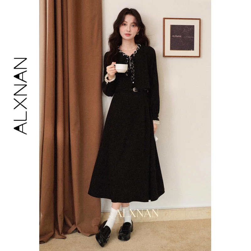 

ALXNAN Plus Size Black Long Sleeve Dress Women Party Elegant Long Beaded Bow Dresses Fall Winter 2025 Female Clothing D59605