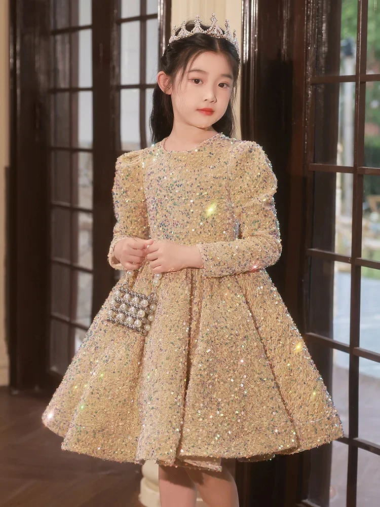 3-14 Yrs Flower Girls Dress Wedding Birthday Dress Golden Sequin Lace First Communion Dresses for Girls Baptism Party Vestidos