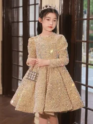 3-14 Yrs Flower Girls Dress Wedding Birthday Dress Golden Sequin Lace First Communion Dresses for Girls Baptism Party Vestidos