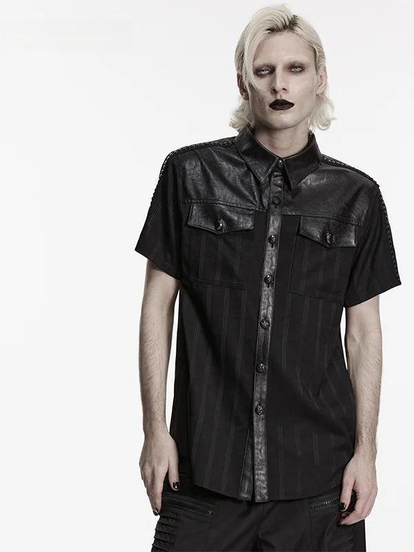 

Punk Style Short Sleeve Shirt Leather Patchwork Men's Vintage Collar Quad Pattern Casual Fashion Polyester Cotton Blend Shirt
