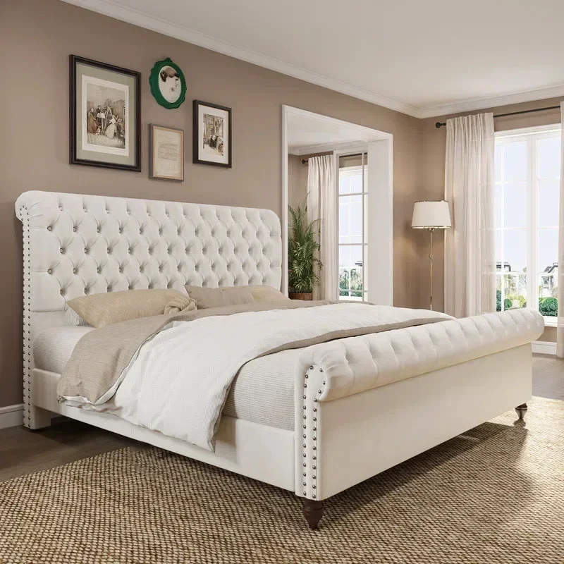 Modern fabric cream wind double bed Nordic light luxury velvet bedroom high back buckle retro wedding bed