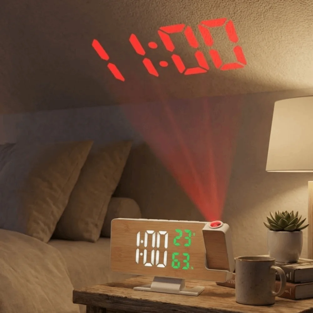 12/24 H LED Projector Clock Temperature Humidity Large Screen LED Electronic Clock 180° Rotatable Wood Pattern