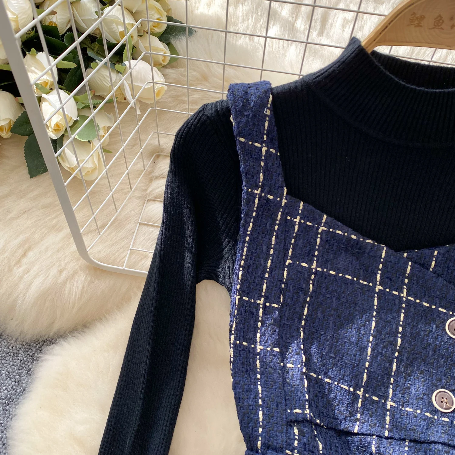 시크 빈티지 긴팔 니트 새시 버튼 슬림 한국 패션 보헤미안 선드레스 여성 의류 드레스 투피스 세트