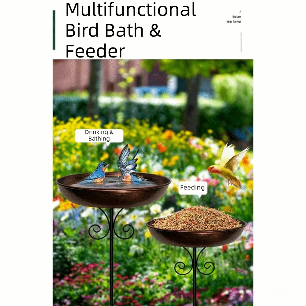 Iron Bird Bath Feeder Bowl Rustproof Large Capacity Bird Feeder Freestanding Tall Ground Plug Bird Water Bowl Garden Decoration