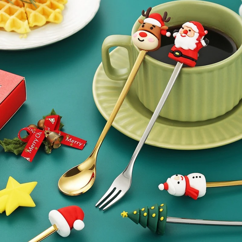 2/4PCS Christmas Coffee Spoons Set Gold Christmas Stainless Steel Spoon Dessert Spoon New Year Decoration for Tableware