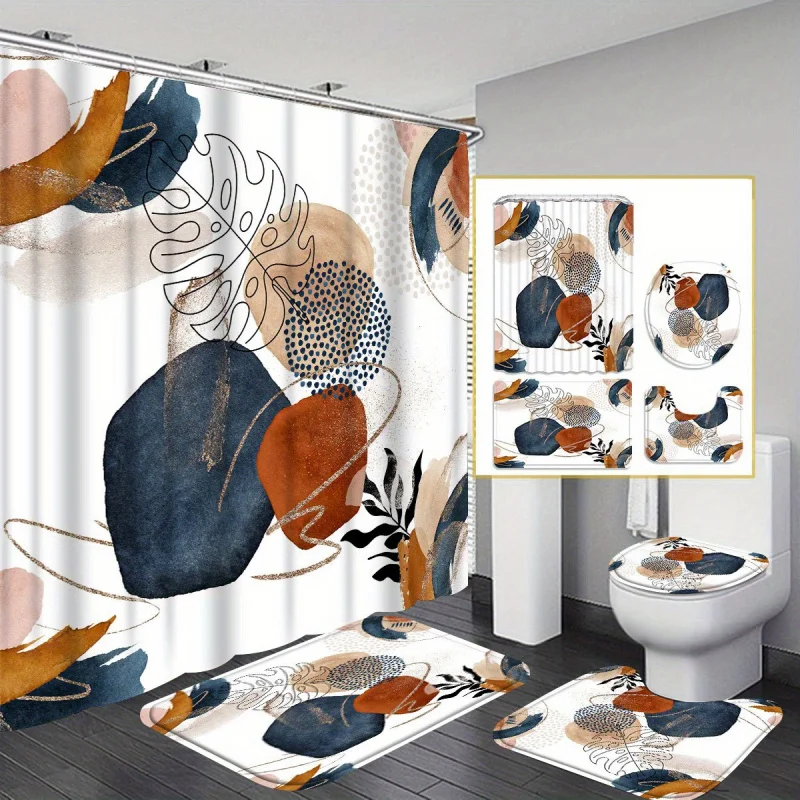 4pcs Leaf Lines and Patterns Shower Curtain Gift Modern Home Bathroom Decoration Curtain and Toilet Floor Mat 3-piece Set w