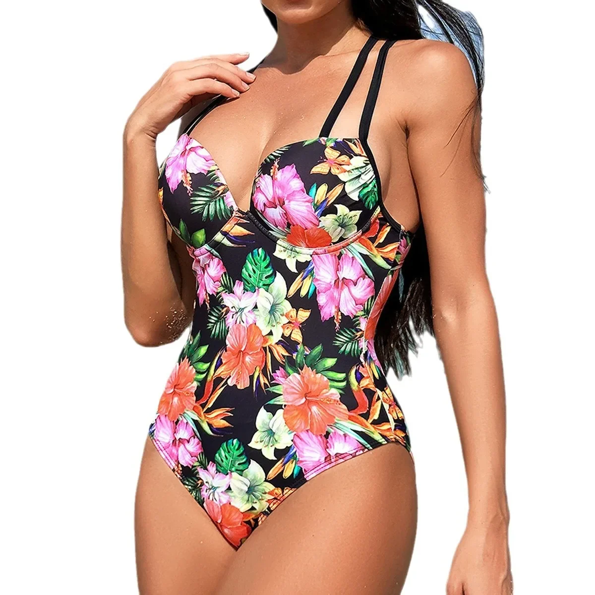 Sexy Floral Print One Piece Swimsuit Women Push Up Underwire Monokini Holiday Criss Cross Swimming Bathing Suit Swimwear 2024