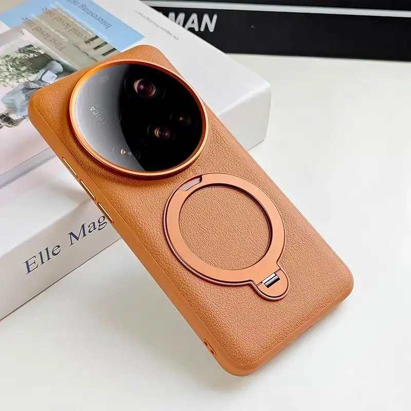 

Коричневая кожа 360 магнитный браслет корпус для Xiaomi 15 ультра 14 ультра металл большой камеры объектив кольцо Kickstand ударение крышка