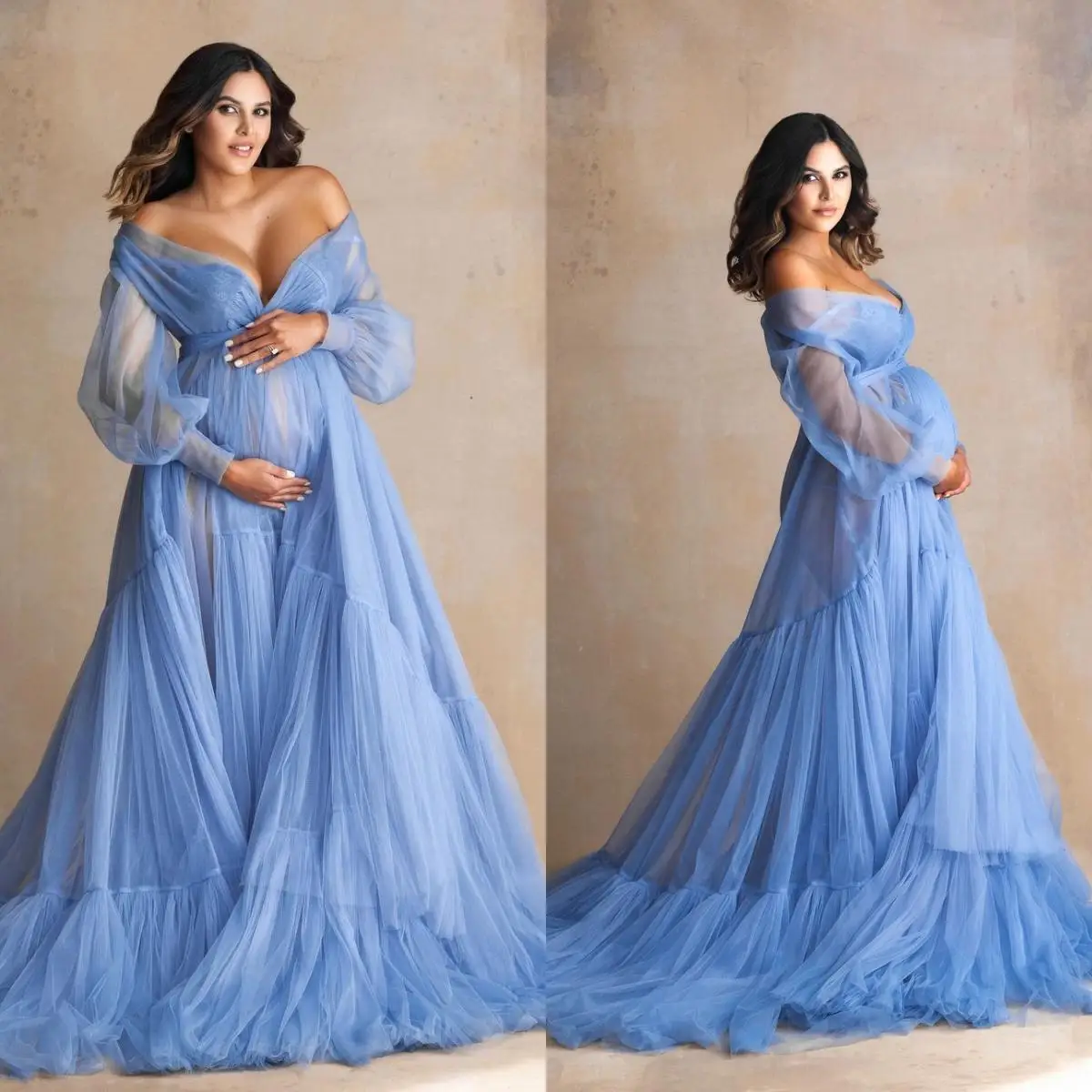 custom 14498#Fluffy Blue Ruffle Tulle Maternity Dress for Photoshoot Off Shoulder Pregnancy Photography Maternity Gown