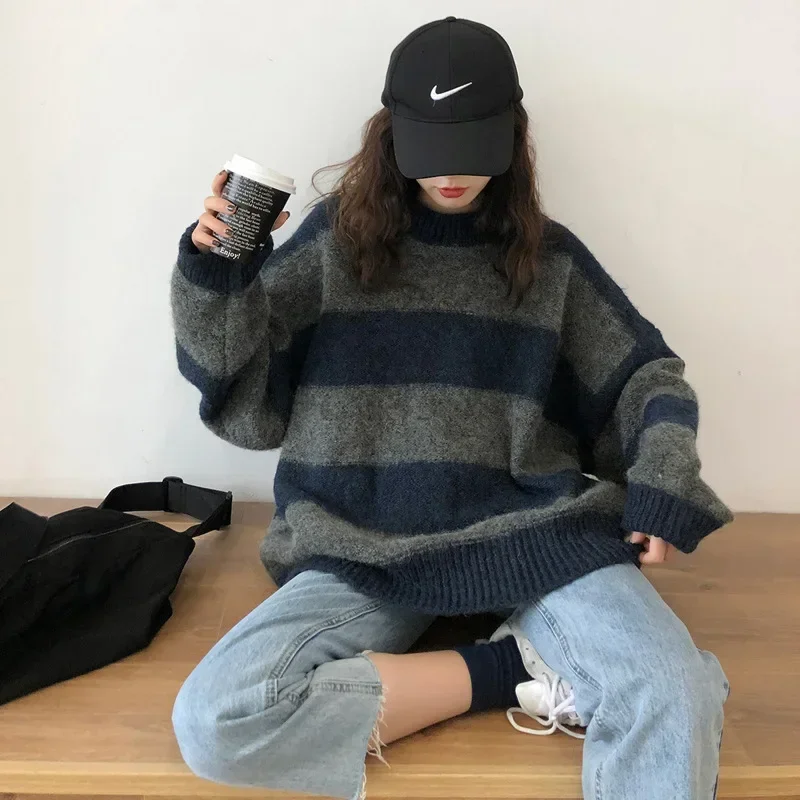 Autumn Women Striped Sweater O Neck Oversized Knitted Sweater Pullovers Jumper 2024 Autumn Winter Casual Loose Pullovers