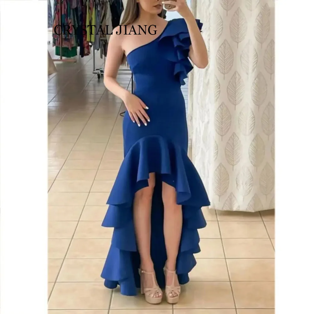 

Elegant Long Blue One Shoulder Spandex Evening Dresses Sleeveless Asymmetrical Ruffled Floor Length فساتين سهرة Party Gowns