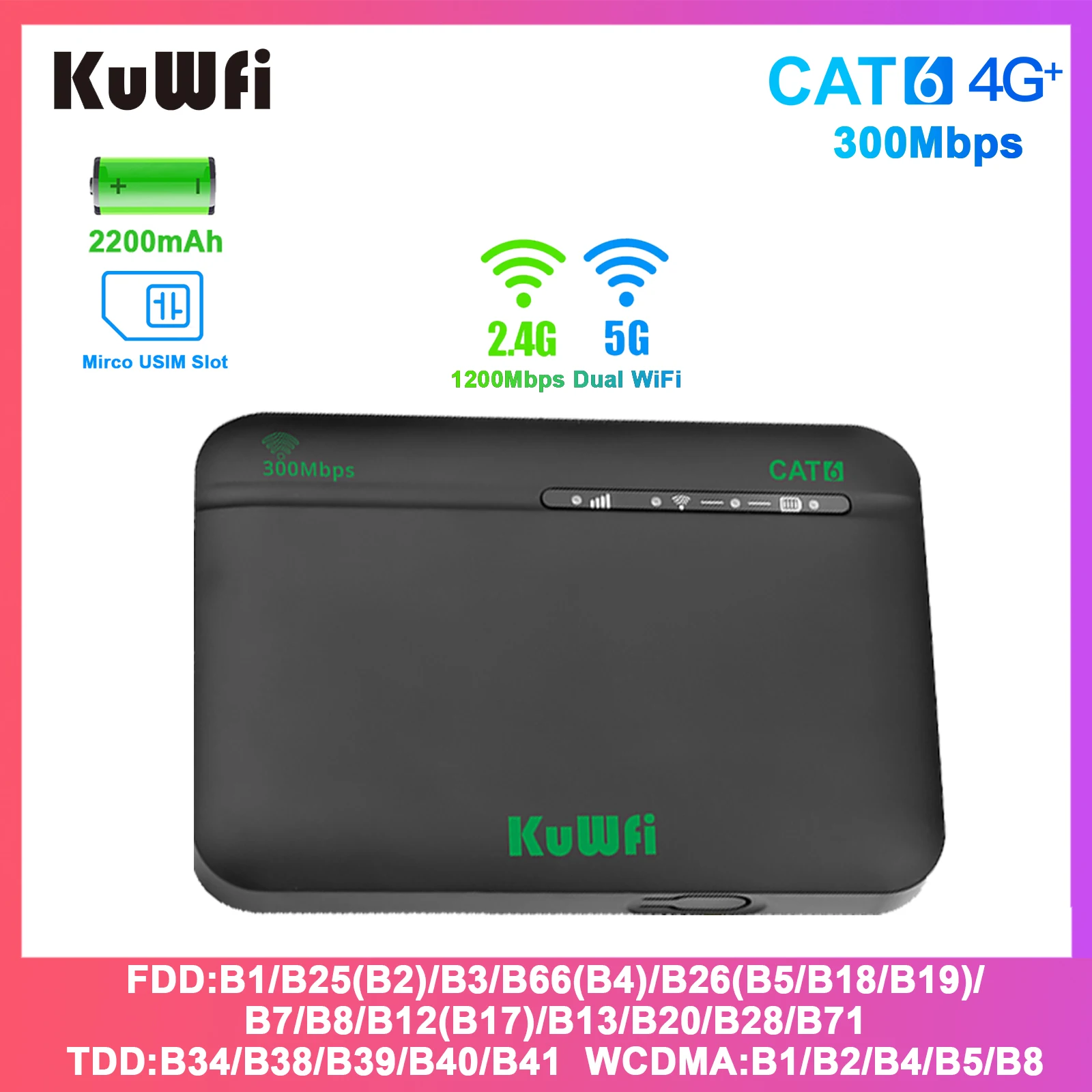 KuWFi CAT6 4G + راوتر السفر 1200Mbps 2.4G 5G ثنائي النطاق معدل WiFi المحمولة 4G LTE مودم 2200mAh بطارية USIM فتحة 64 مستخدم VPN