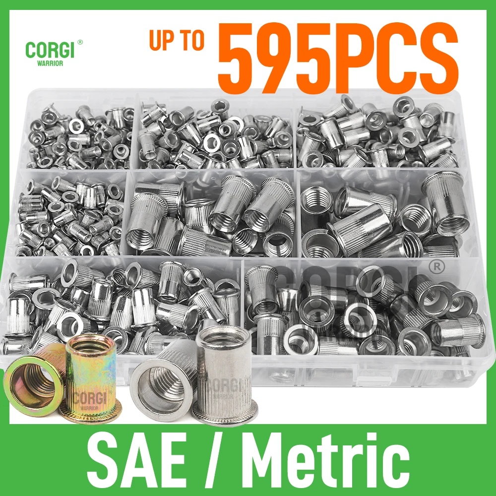 Up to 595 Pieces SAE/Metric Rivet Nut Kit M3 M4 M5 M6 M8 M10 M12 Carbon Steel and 304 Stainless Steel Threaded Nutserts Rivnuts