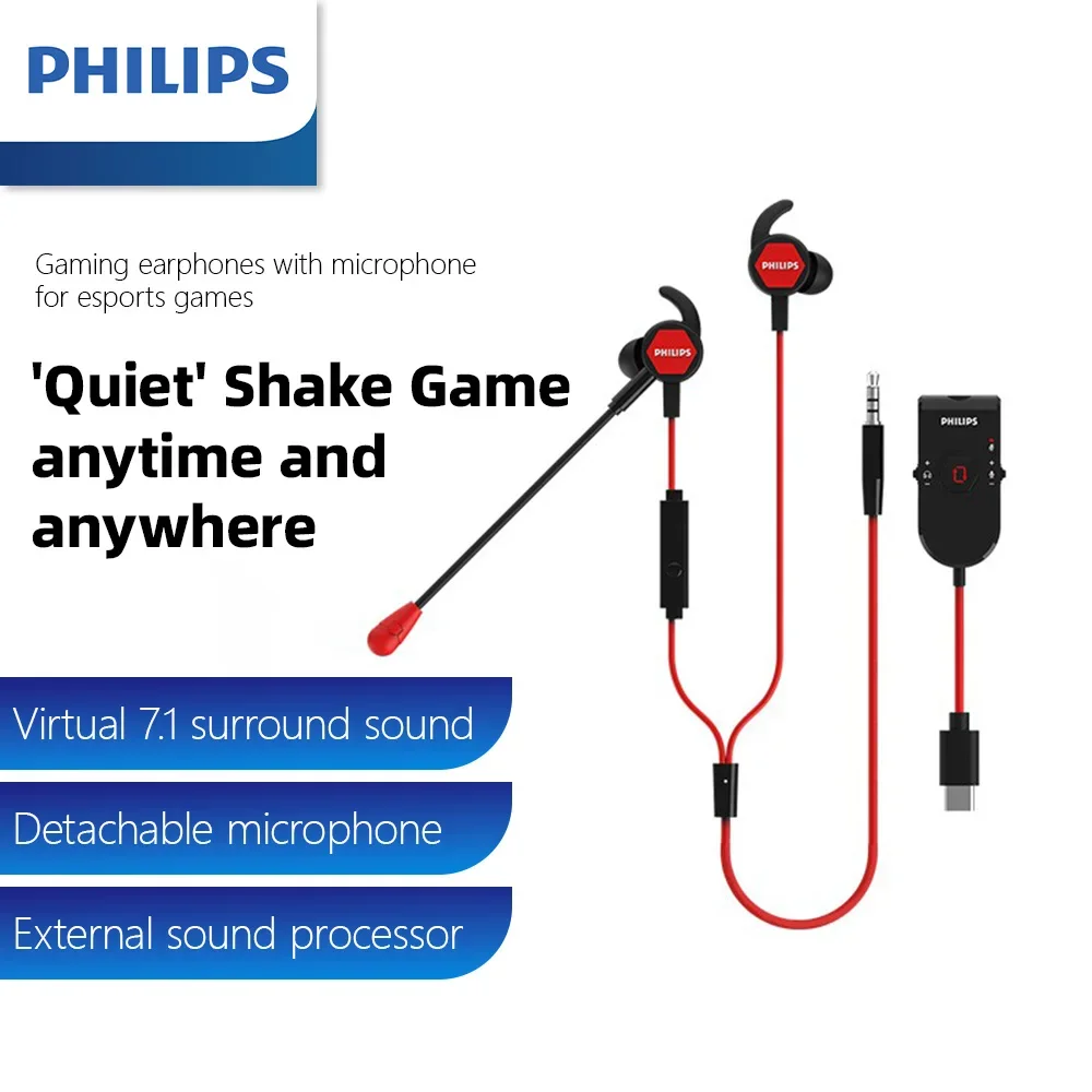 Auriculares para Juegos con Cable Philips TAG4115, Interfaces de 3.5mm/Tipo-C, Sonido Envolvente Virtual 7.1 360 °   Auriculares ajustables con micrófono dual