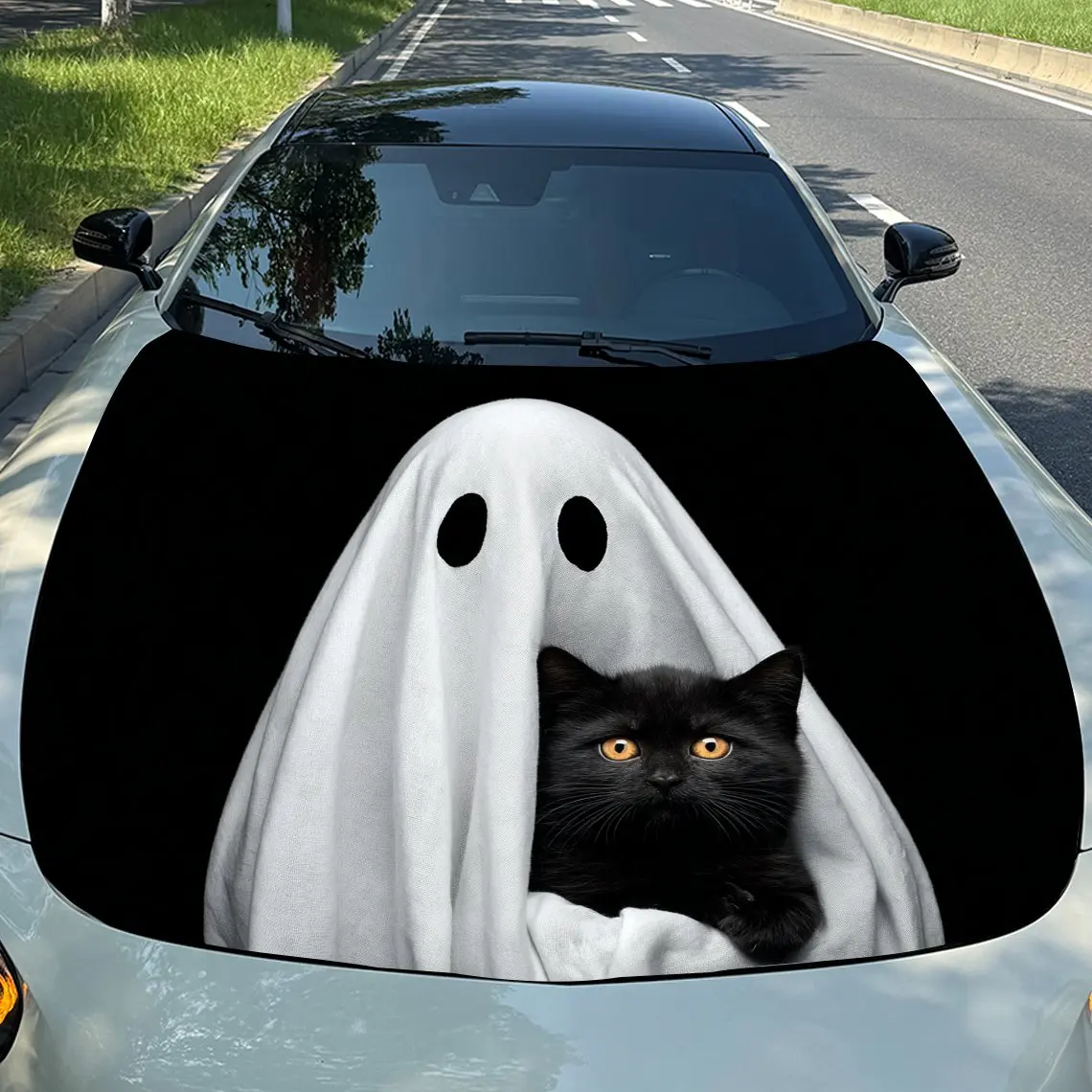 

Ghost and Black Cat Car Vinyl Wrap, PVC Waterproof Car Hood Sticker, Self-Adhesive Scratch-Resistant Stickers for Engine Cover,