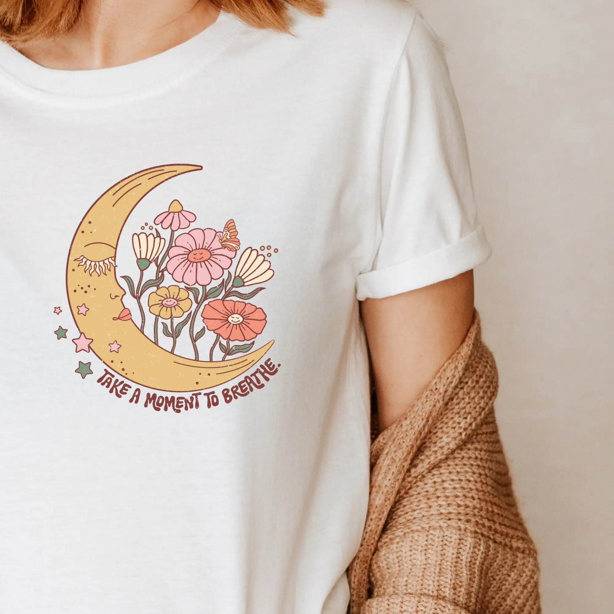 Vintage T Shirt Celestrial Moon With Affirmation Take A Moment To Breathe For Mindfulness Retro Front Or Back Print