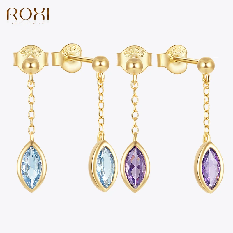 ROXI 925 Sterling Silver Blue/Purple Crystal Chain Tassel Chain Stud Earrings  Pendant Anniversary Gift For Party Street Jewelry