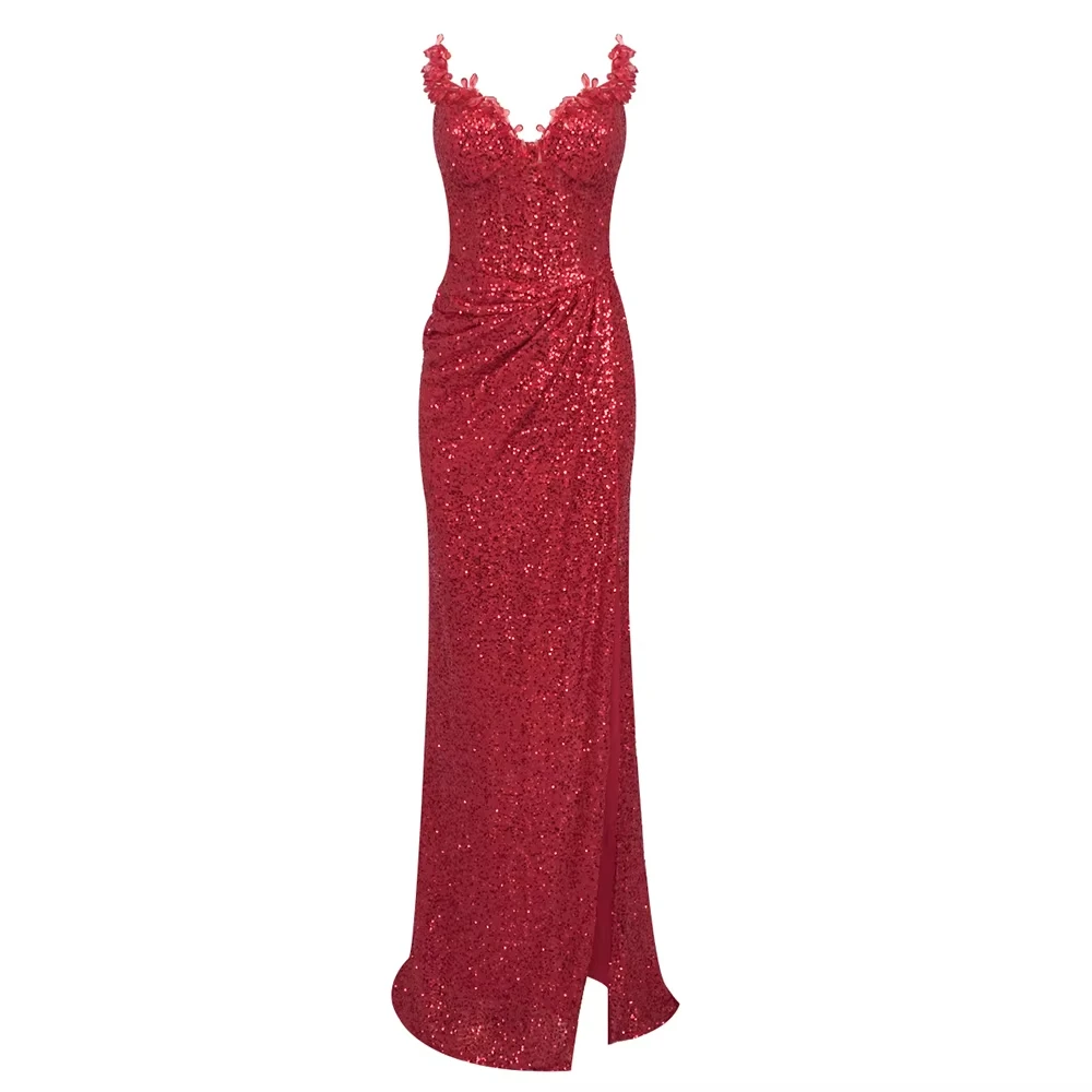 Lena Side Slit Dress Women Elegant Party Dresses Woman Wedding Dress Fish  Tail Crystal Off the Shoulders Shiny Evening Gown Gala