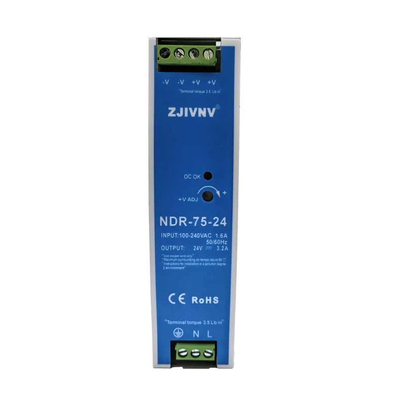 NDR-75-12 NDR-75-24 Din Rail Mounted 75W Switching Power Supply AC-DC 12V 24V Single Output Source Power