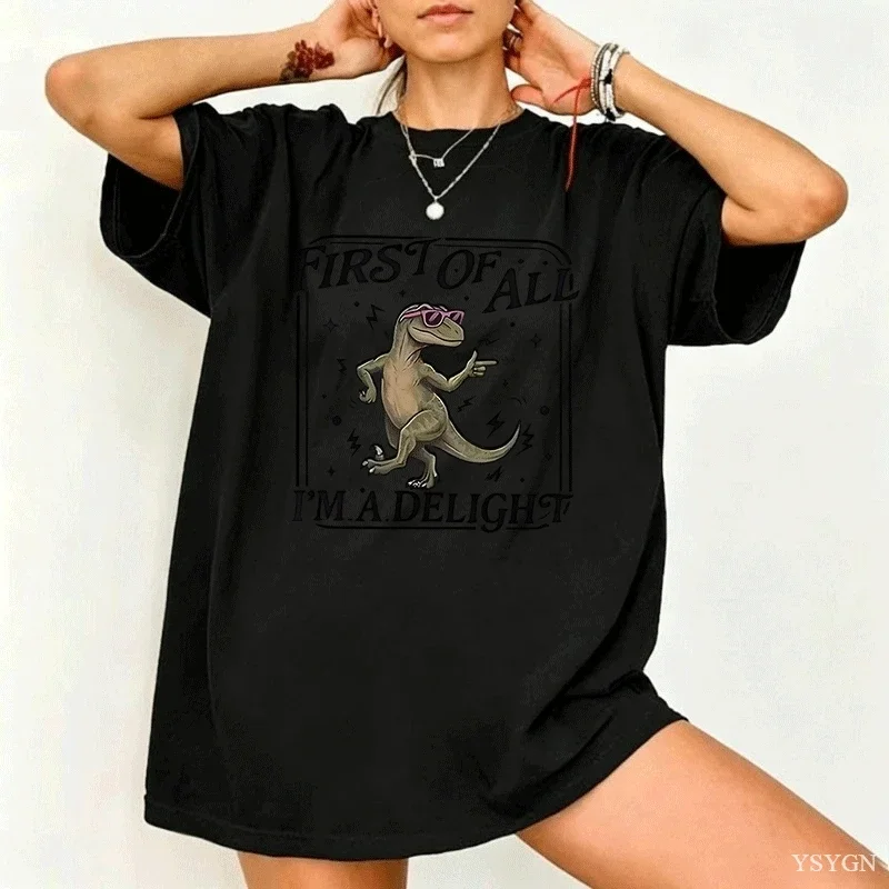 First of All I'm A Delight T Shirt Funny Dinosaur T-Shirt Retro Short Sleeve Graphic Tee Cotton Short Sleeve Round Neck Printed