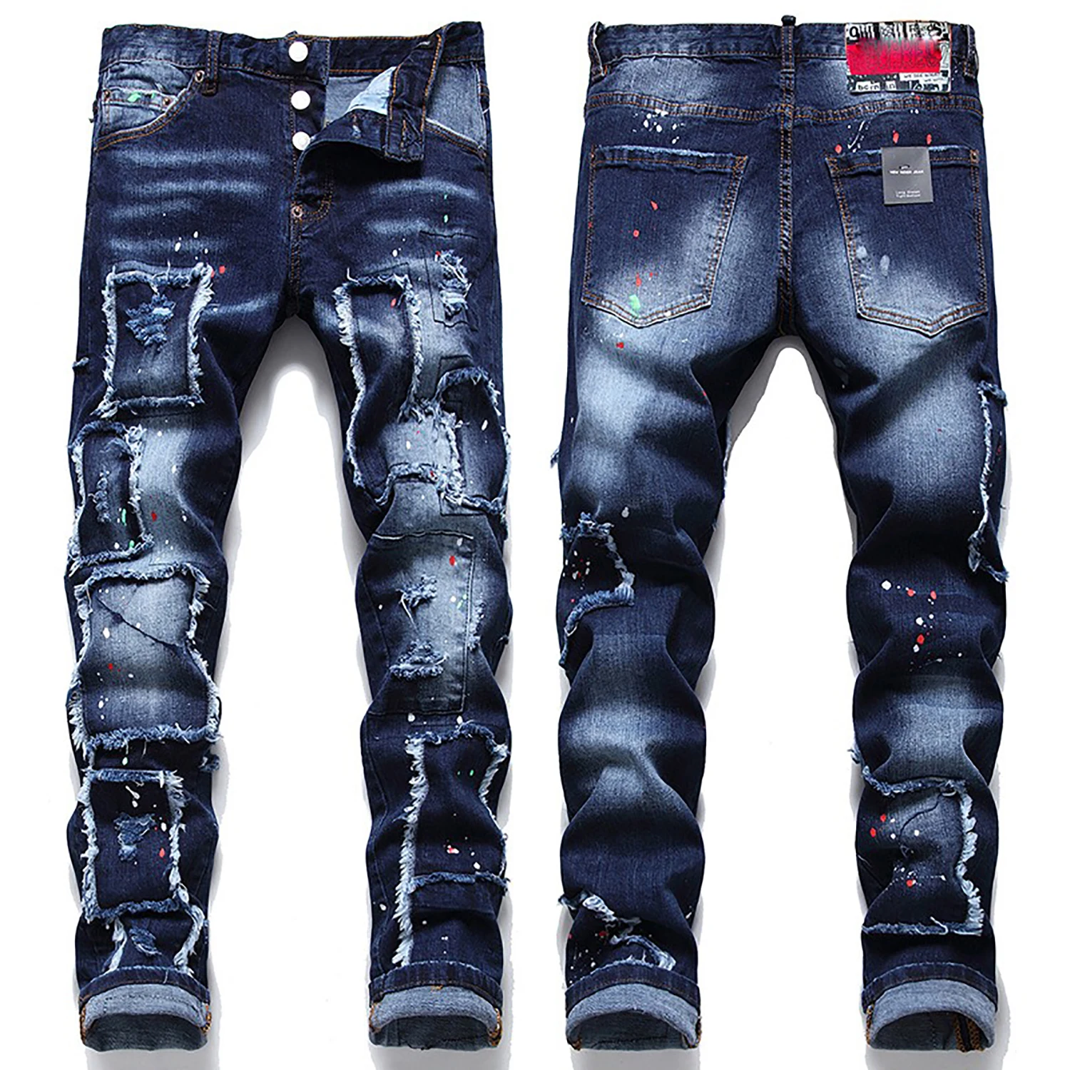 Pantalones vaqueros azules oscuros de moda urbana de lujo ligero para hombres, pantalones vaqueros con parches decorativos contra salpicaduras de tintas rojas, pantalones vaqueros casuales elásticos de moda;