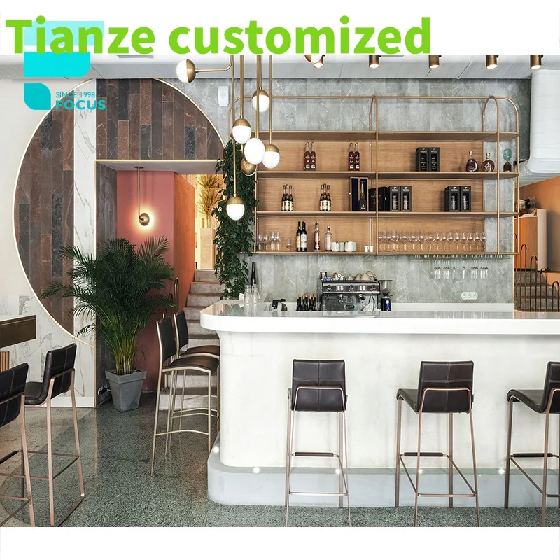 {Customzed} Restaurant Koffieteller Ontwerp Houten Muur Display Plank Cafe Tafelstoel Set