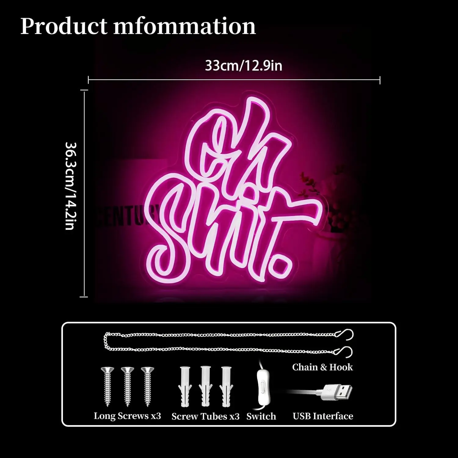 Oh Shit Neon Sign For Wall Decor 5/12V USB Power Pink Light With Dimmable Switch Neon Sign For Living Room Bar Party Club Decor