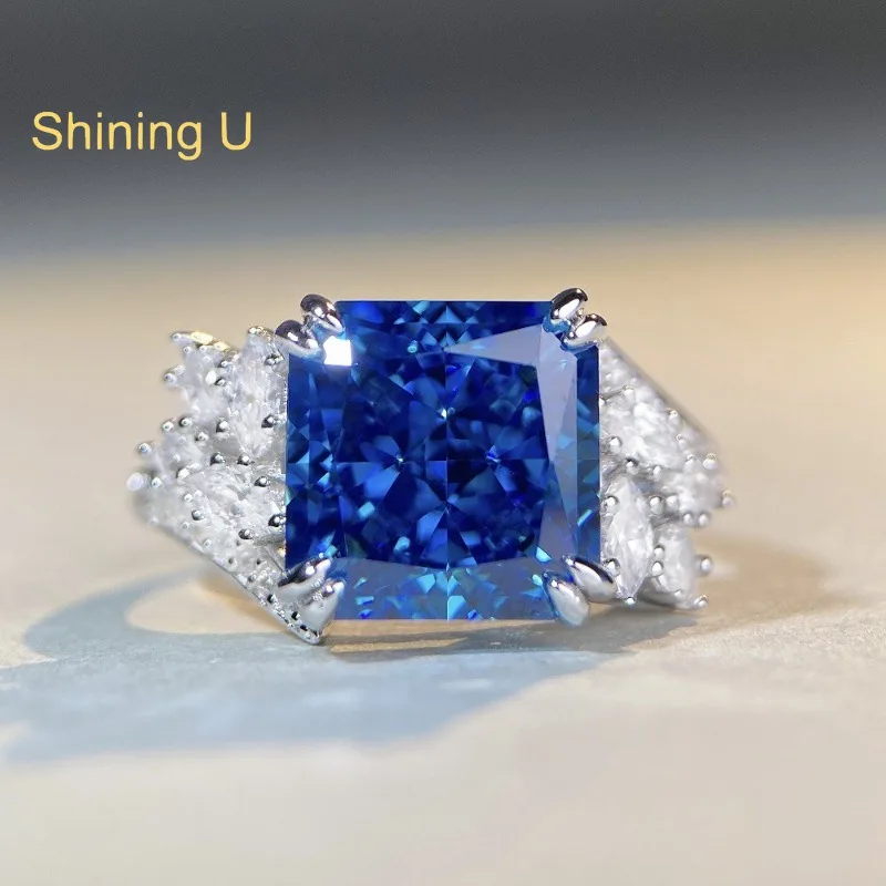 

Shining U S925 Silver 10*10mm 5 CT Sapphire High Carbon Daimond Gems Ring for Women Fine Jewelry Engagement
