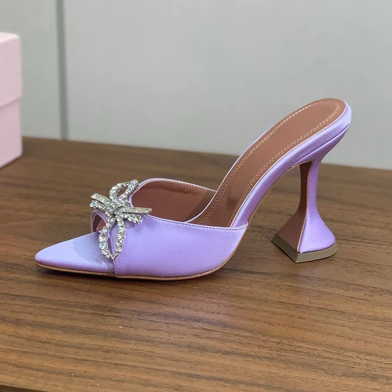 New Pointed Toe Satin Rhinestone Bow-Knot Decor Slippers Women Peep Toe Goblet Heel Sandals Summer Wedding Shoes Dress Shoes