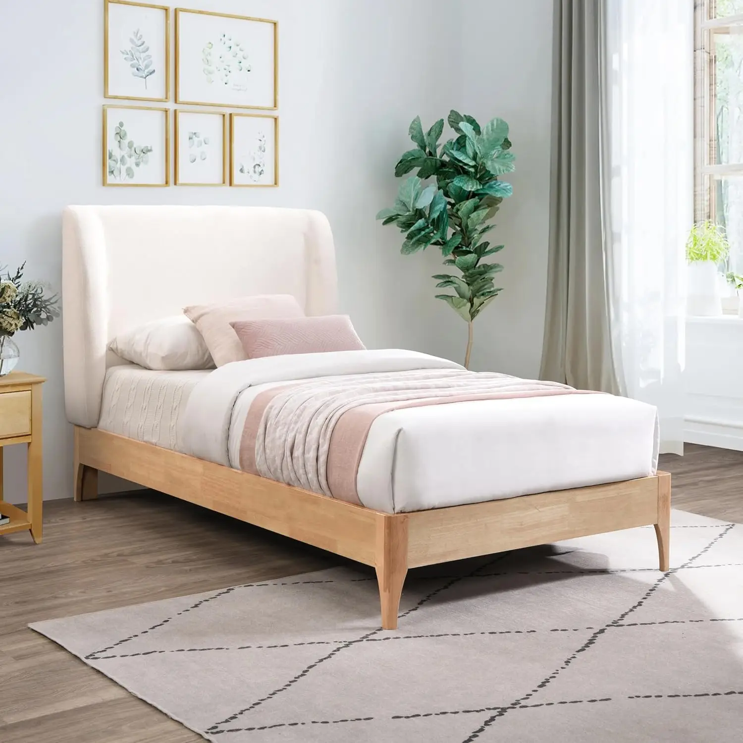 Meridian Furniture Venturacream-T Ventura Collection Mid-Century Modern Upholstered Twin Bed, Soft Cream Fabric, Finished