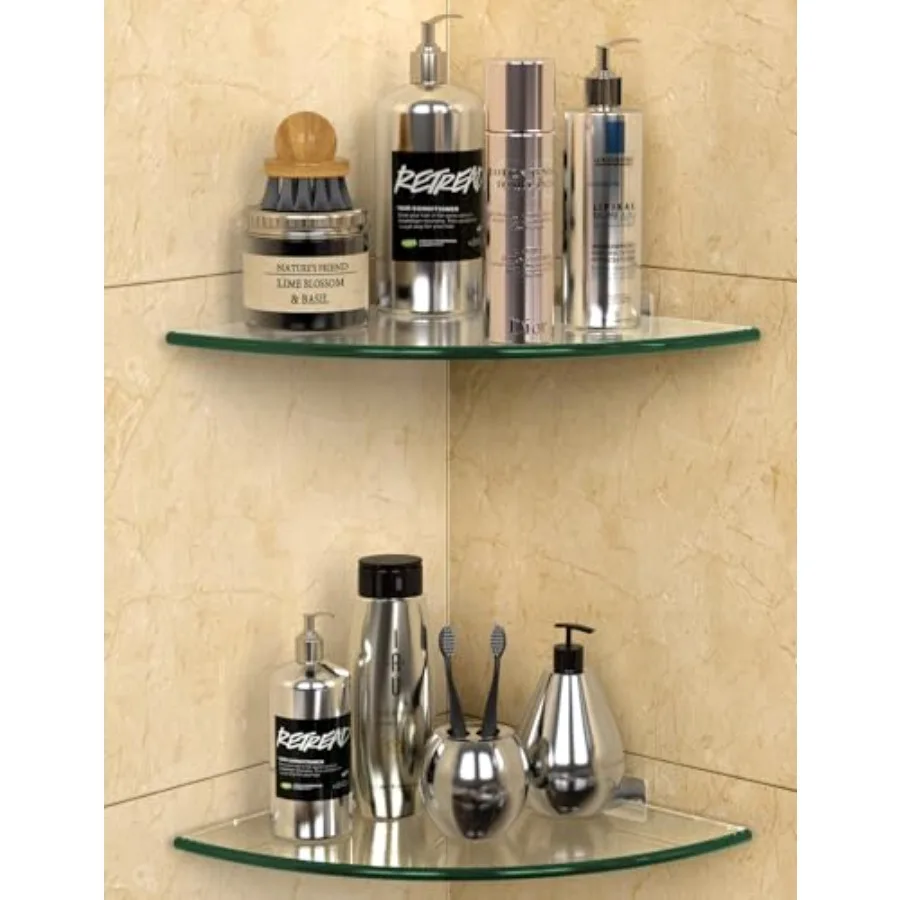

Угловые полки для душа из закаленного стекла, 2 шт., без сверления, на клейкой основе, органайзер для ванной, с алюминиевыми кронштейнами, устойчивыми к ржавчине