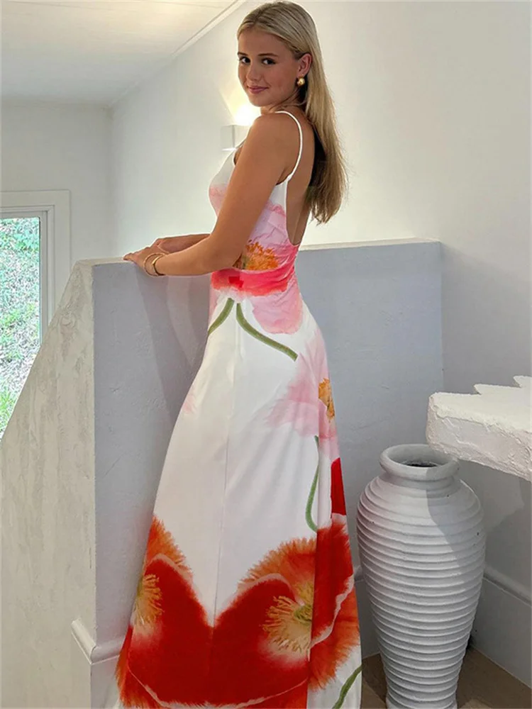 Tossy Summer Printed Halter Dresses For Women Fashion Beach Holiday Spaghetti Backless Maxi Dress Female Elegant Party Dress New