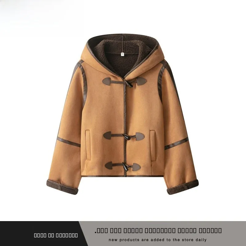 

Autumn Winter New Women's Thiened Suede Fur Coat Inteated Hooded Button Street Sle Polyester Fiber 00% Big Coat