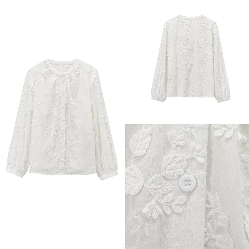 

Ele Embroidered 3D Relief irt for Women Summer 2025 Z Original Design Loose Fit Long Sve round Ne Polyester F...