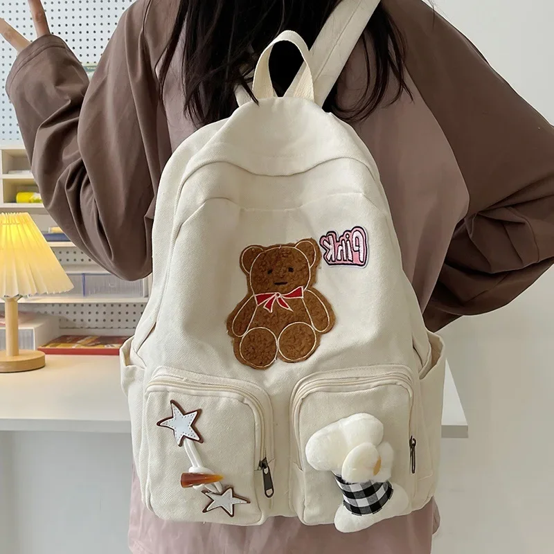 Cute Bear Bone Backpack Kawaii Large Capacity Japanese Girl Heart Casual Joker High Value Retro Student Commuter Schoolbag Light