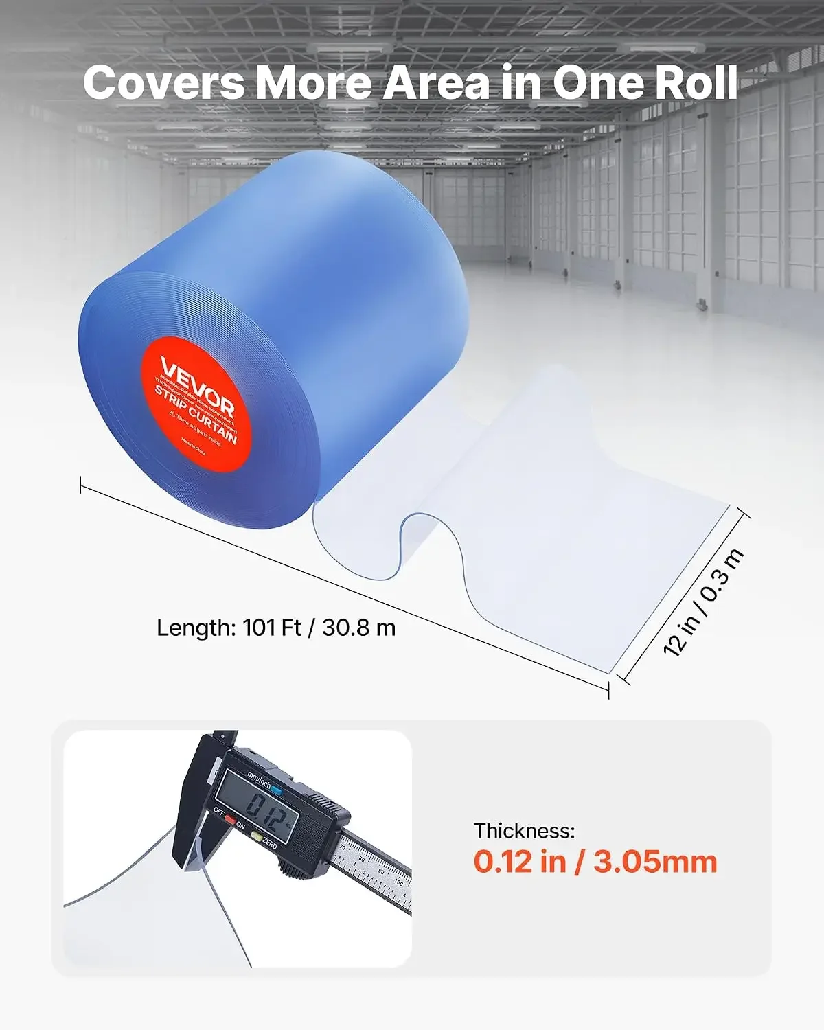 Clear PVC Strip Curtain, 101 ft Length x 12 in Width, Thermal Insulating Plastic Door Strip Bulk Roll, Walk in Freezer Cooler Cu