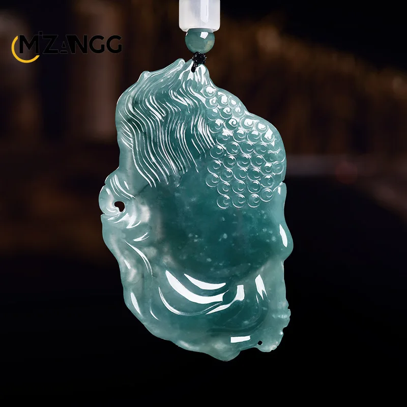 High-end Natural Jadeite Blue Water One Thought Becomes A Magic Pendant Men's Subduing Dragon Buddha Statue Necklace Mascot