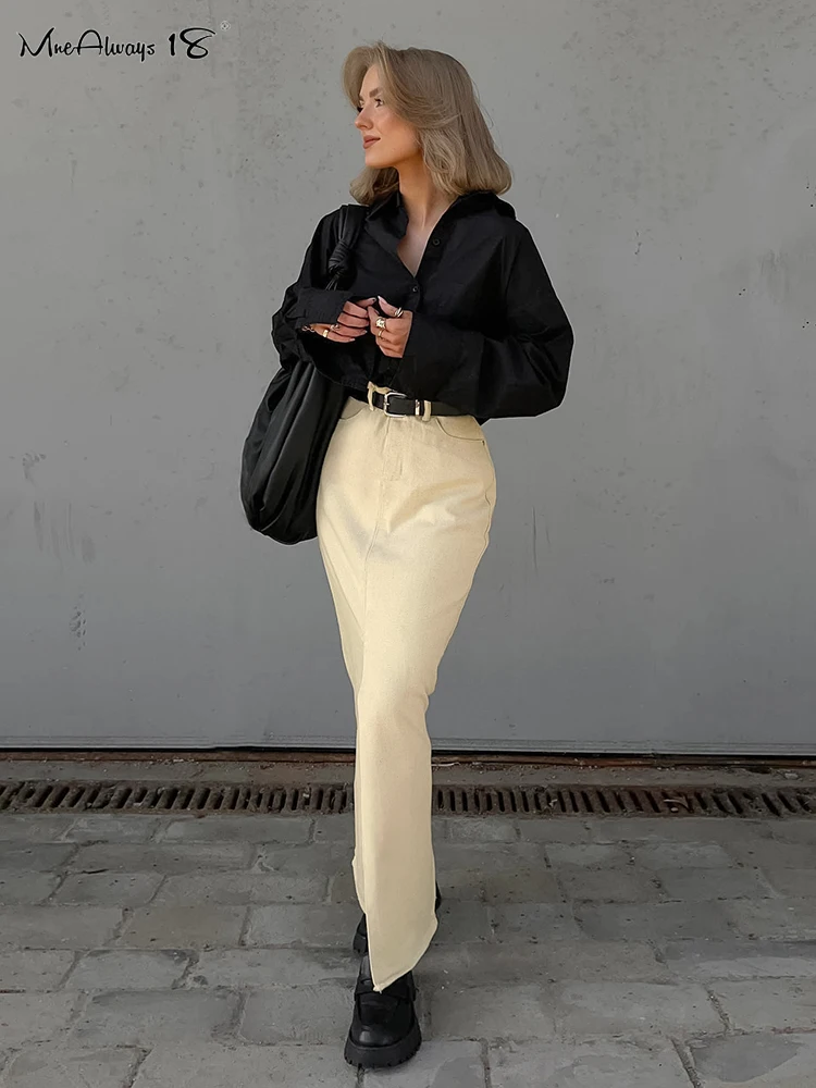 Mnealways18 Elegant High Waist Long Split Skirts Street Chic Apricot Mid-Calf Skirts Female Office Cotton Skirts Casual Straight