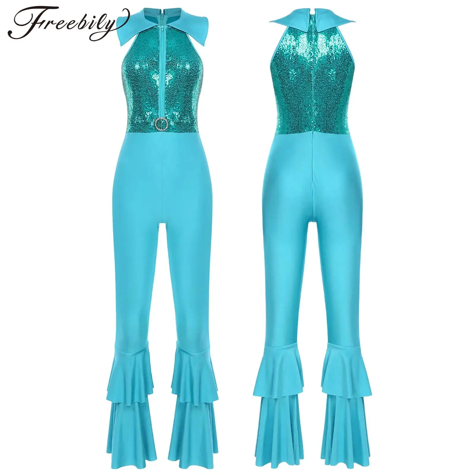 Women Disco Jazz Dance Performance Costume Sleeveless Lapel Zipper Shiny Sequin Bell-Bottom Jumpsuit for Halloween Theme Party