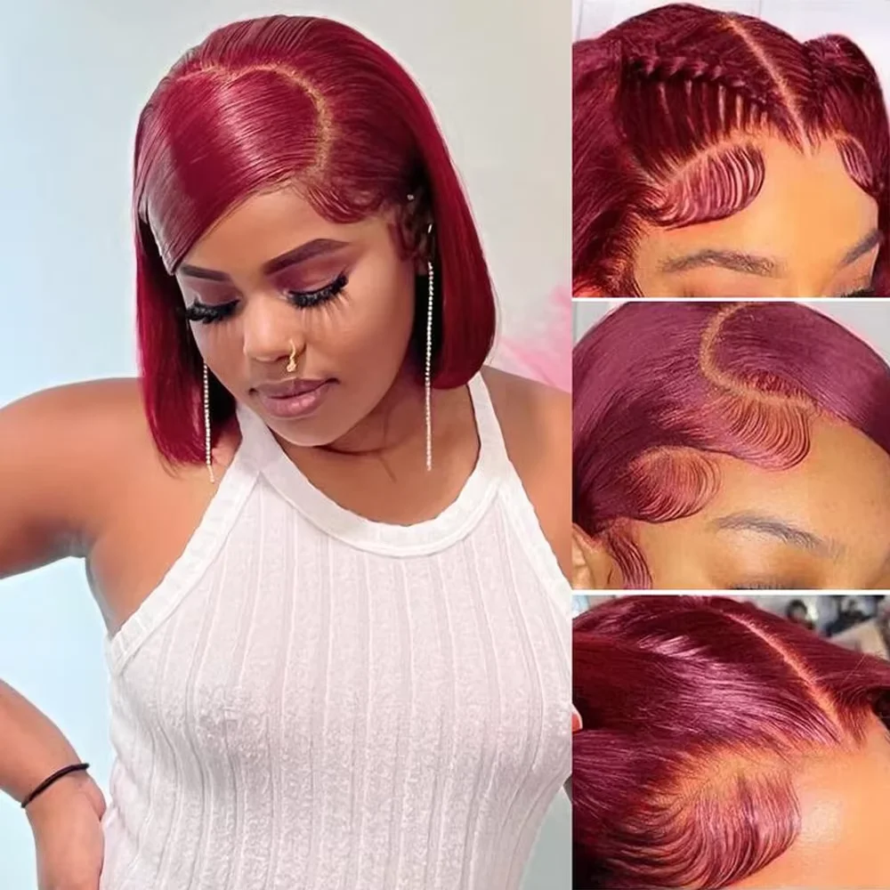 

99J Burgundy Human Hair Wine Red Colored Short Bob Wigs 13x4 Straight Lace Frontal Human Hair For Women 13*4 Frontal Wig