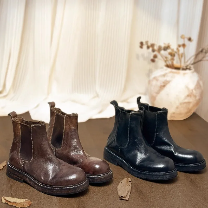 

New retro Genuine leather Washed thick bottom Chelsea boots Women Spring Autumn Single Boots Female Shoes Brown Black