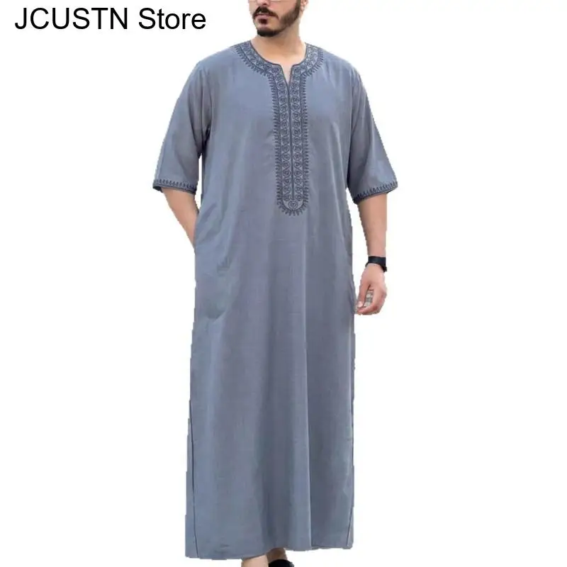 Traditional Muslim Clothing Arab Men's Clothing Short-Sleeved Embroidered Muslim Male Robe Moroccan Style Middle Eastern Jubba