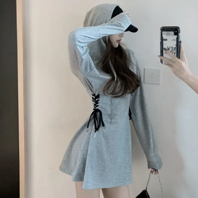 Long Sleeve Dress Women Gray Classy Slim Popular Stylish Criss-cross Mini Vintage Solid Hooded Y2k Korean Spring Daily Vestidos