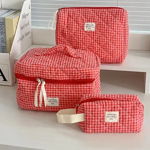 Checkered Cotton Makeup Bag