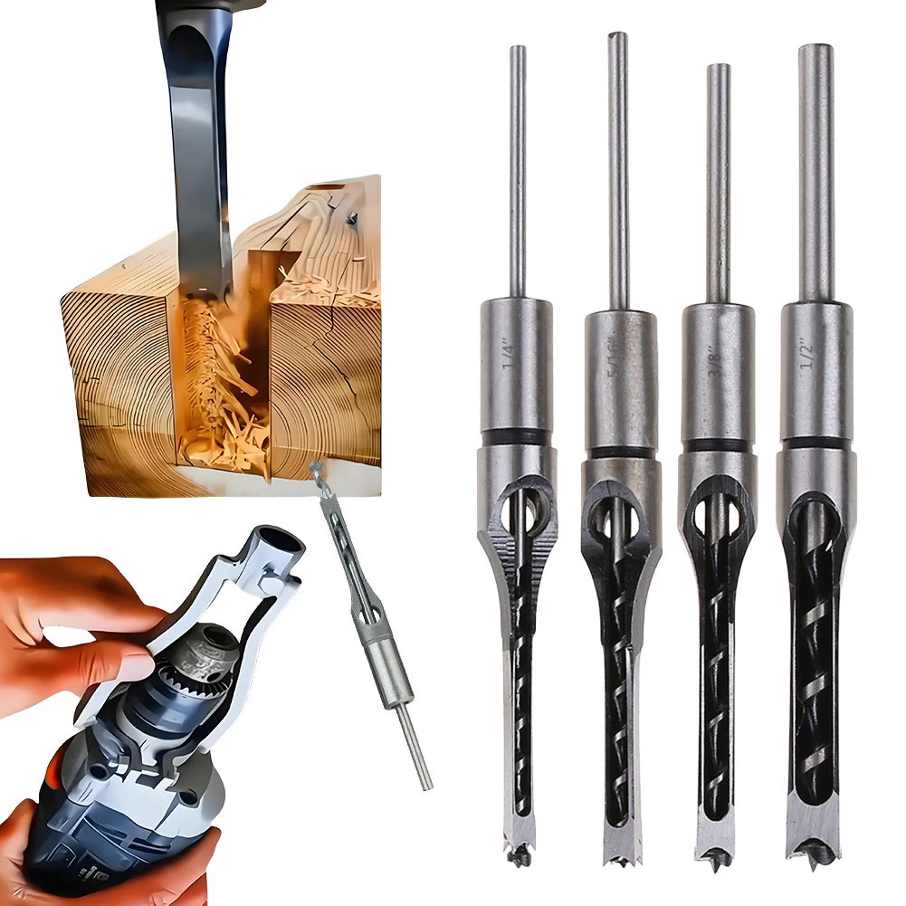 4PCS Square Hole Drill Bit HSS Auger Mortising Chisel Drill Set 6.4/8/9.5/12.7 Mm Square Woodworking Drill Power Tool Accessory